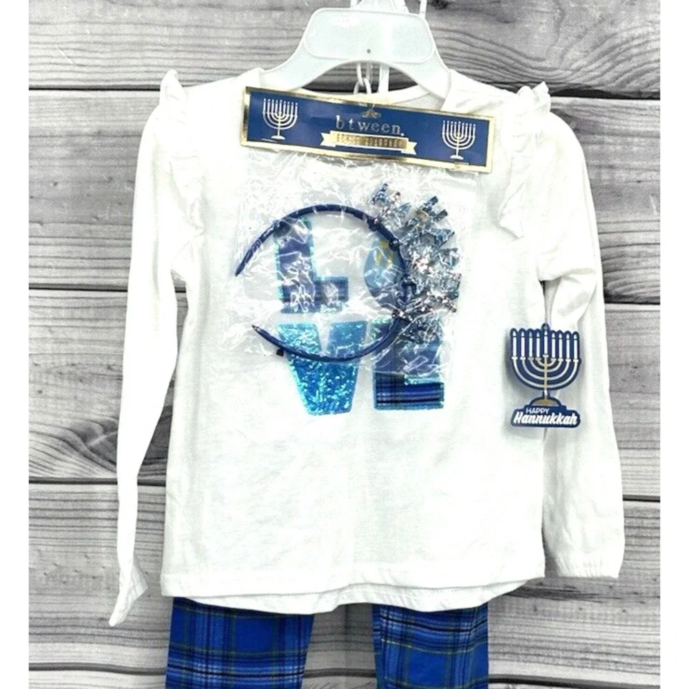 BTWEEN TWO PIECE HANUKKAH OUTFIT WITH HEADBAND Little Girl Size 6 BLUE /‎ WHITE - Picture 2 of 5